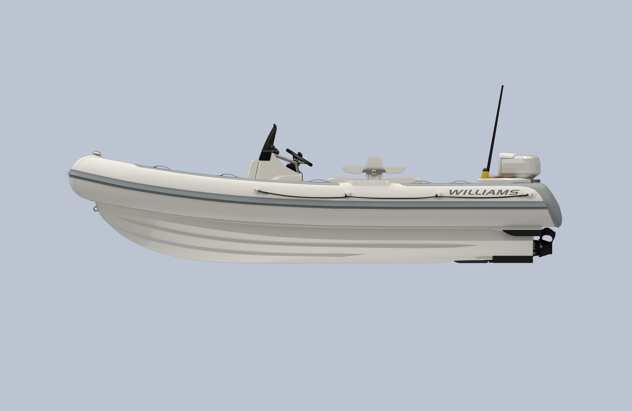 Williams Jet Tenders SOLAS 565, rubberboot zijaanzicht op grijze achtergrond