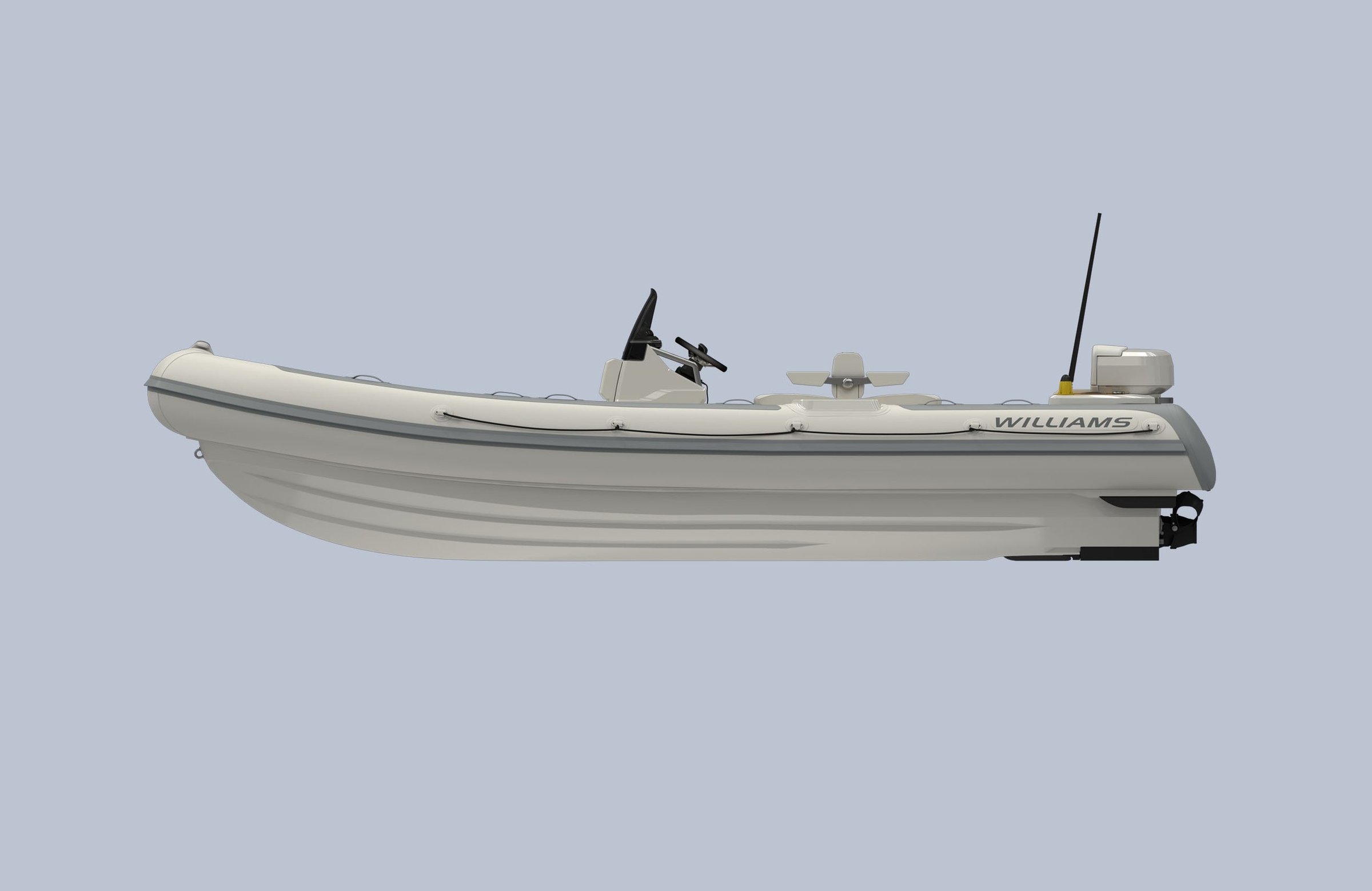 Williams Jet Tenders SOLAS 625, rubberboot zijaanzicht op grijze achtergrond