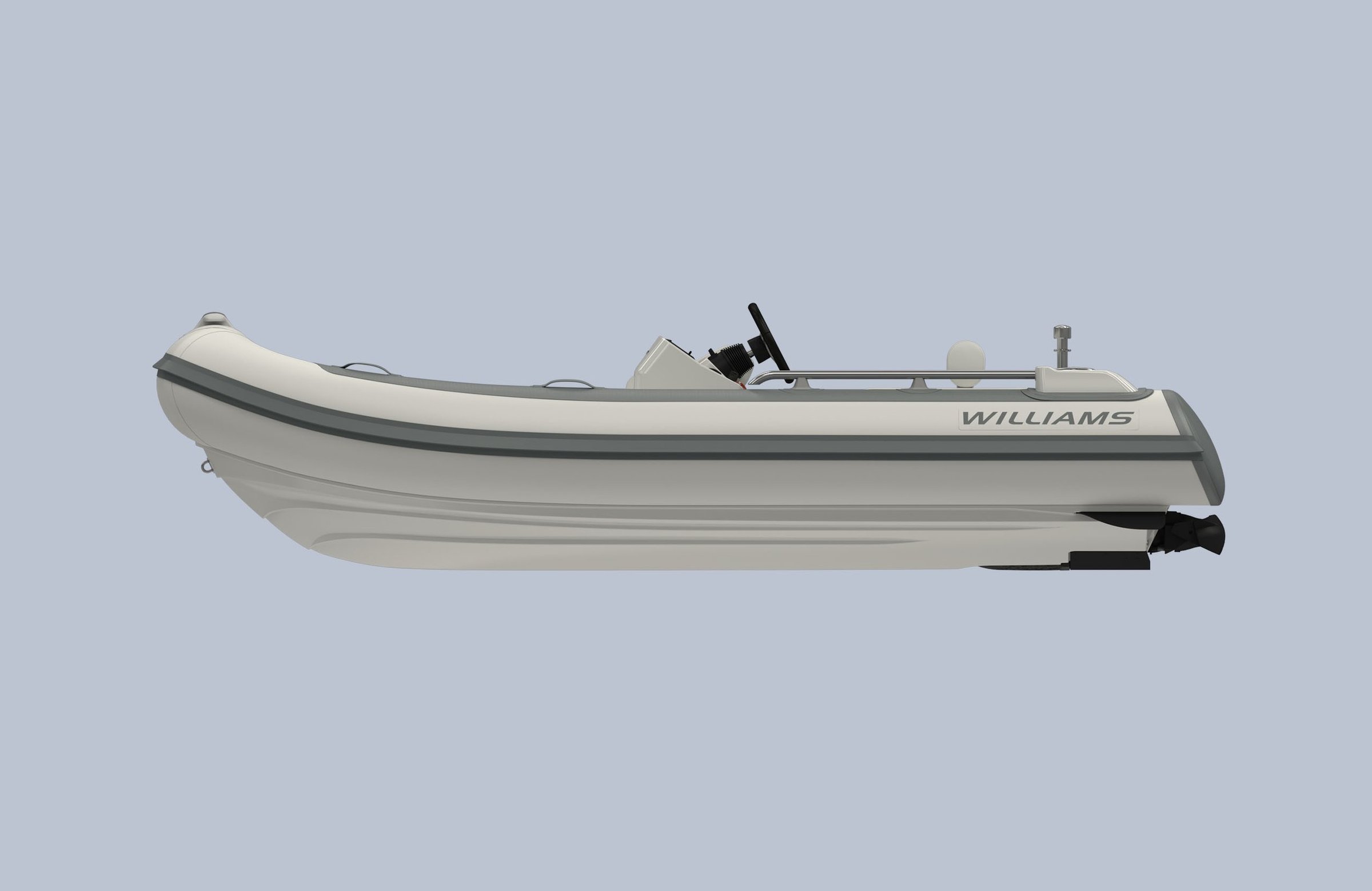 Williams Jet Tenders SportJet 395, rubberboot zijaanzicht op grijze achtergrond