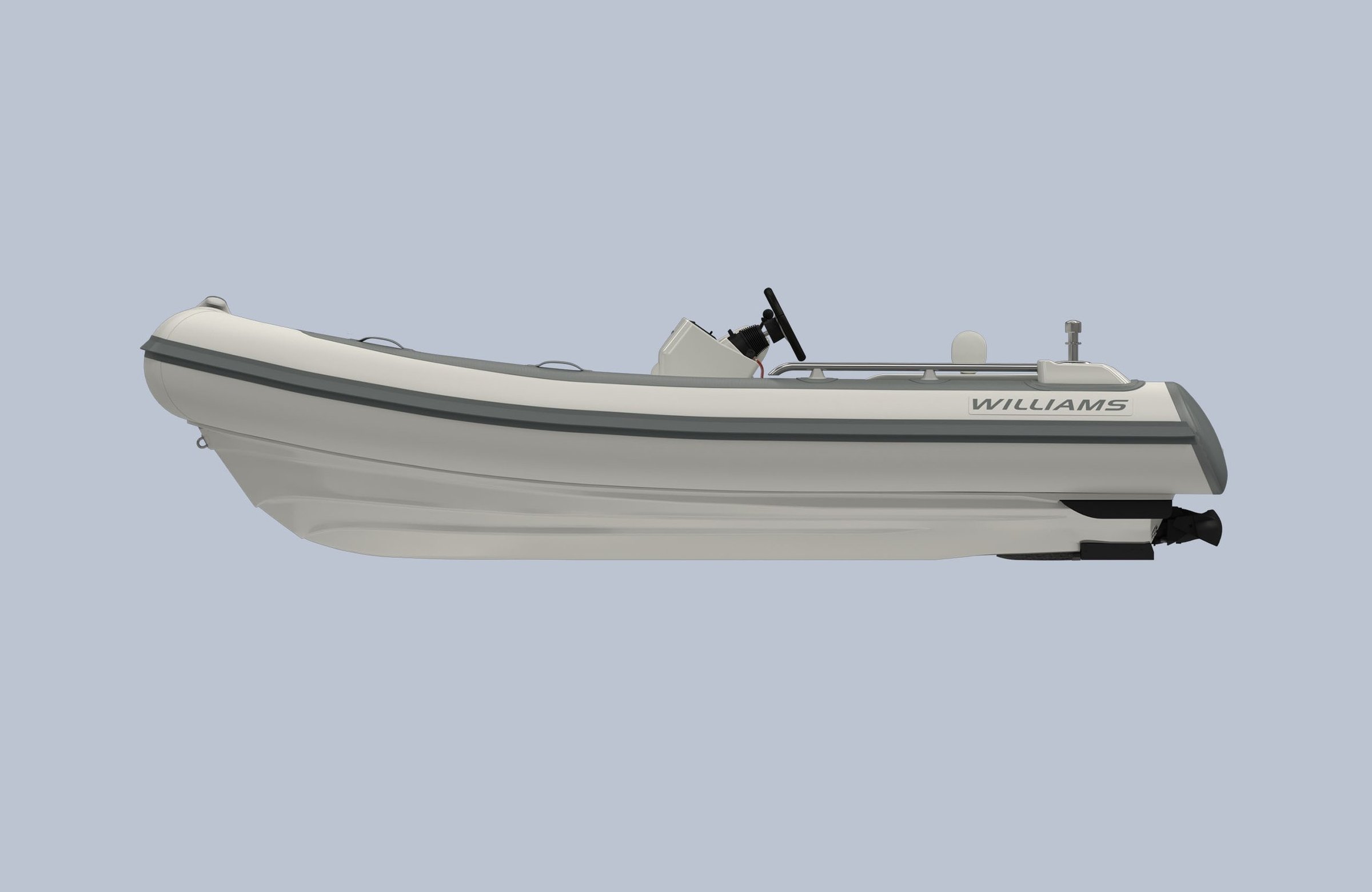 Williams Jet Tenders SportJet 435, rubberboot zijaanzicht op grijze achtergrond