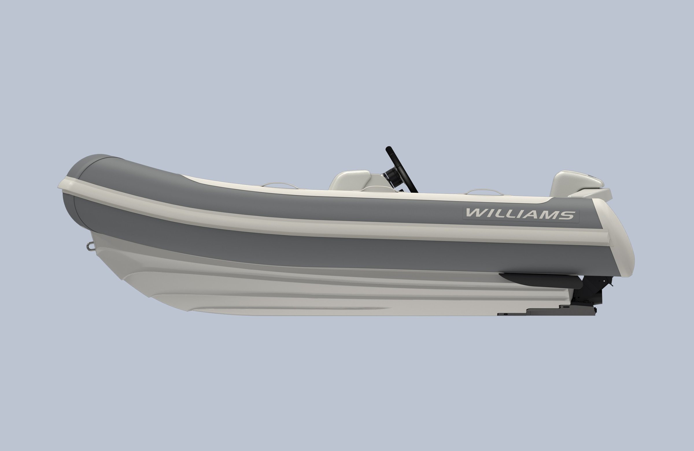 Williams Jet Tenders TurboJet 280MX, rubberboot zijaanzicht op grijze achtergrond