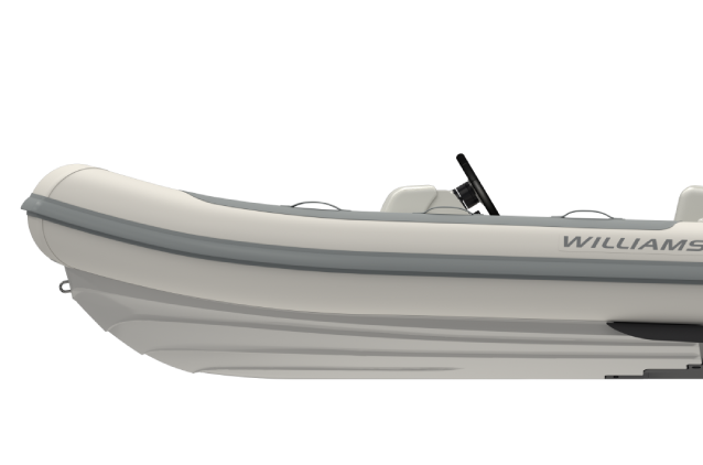 Williams Jet Tenders TurboJet 280MX, zijaanzicht rubberboot met stuurwiel